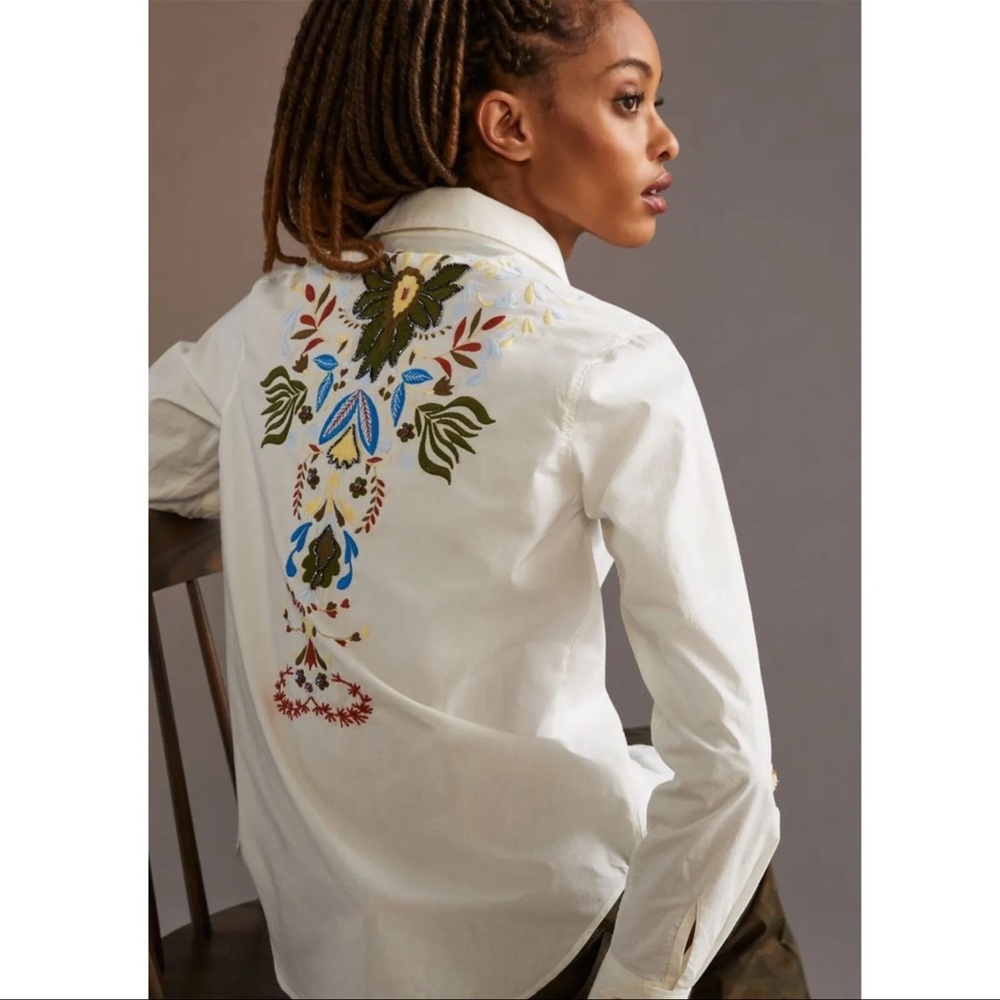 SOLD. NWOT.  Anthropologie embroidered/beaded button down top.  Size 4